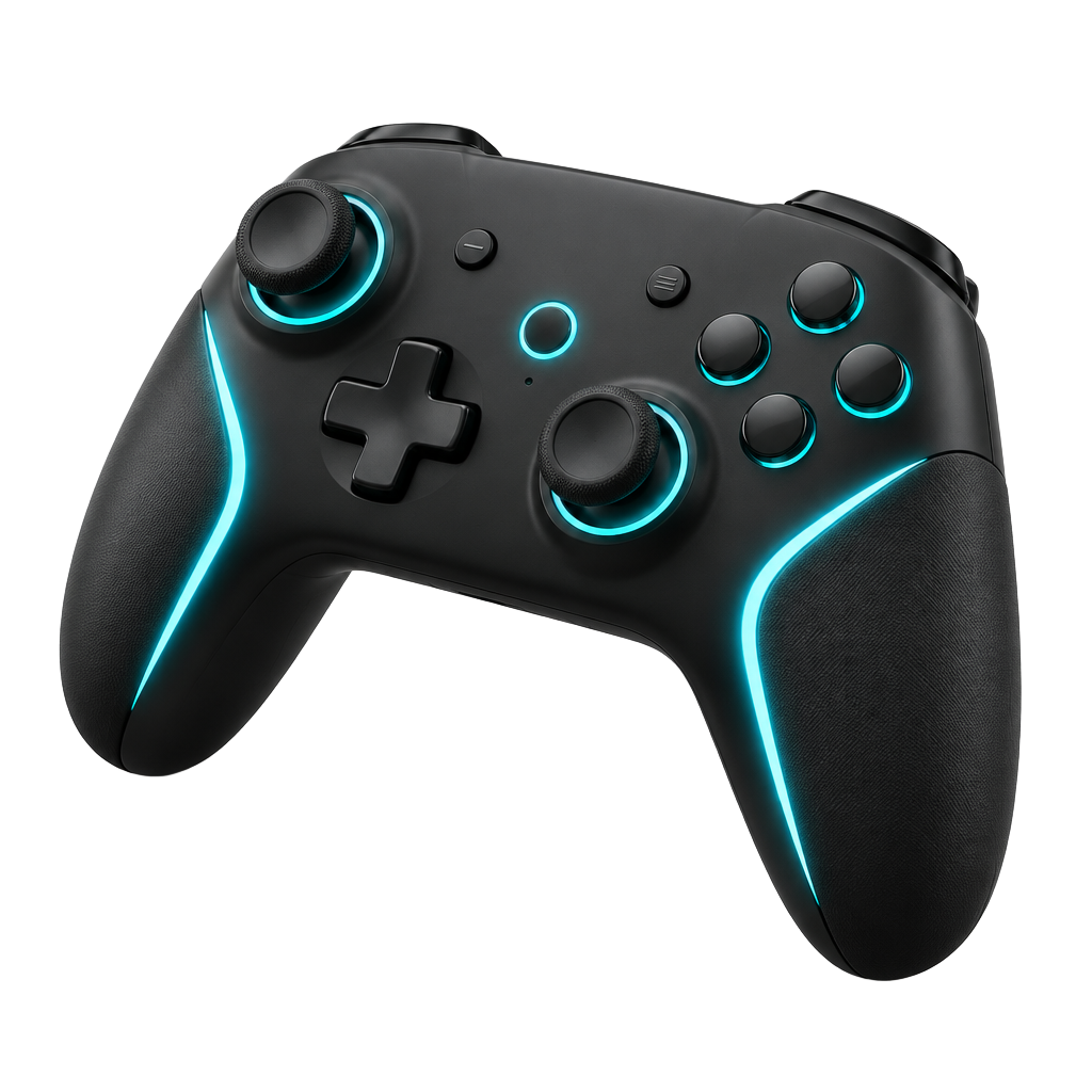 Controle de videogame preto com luzes azuis