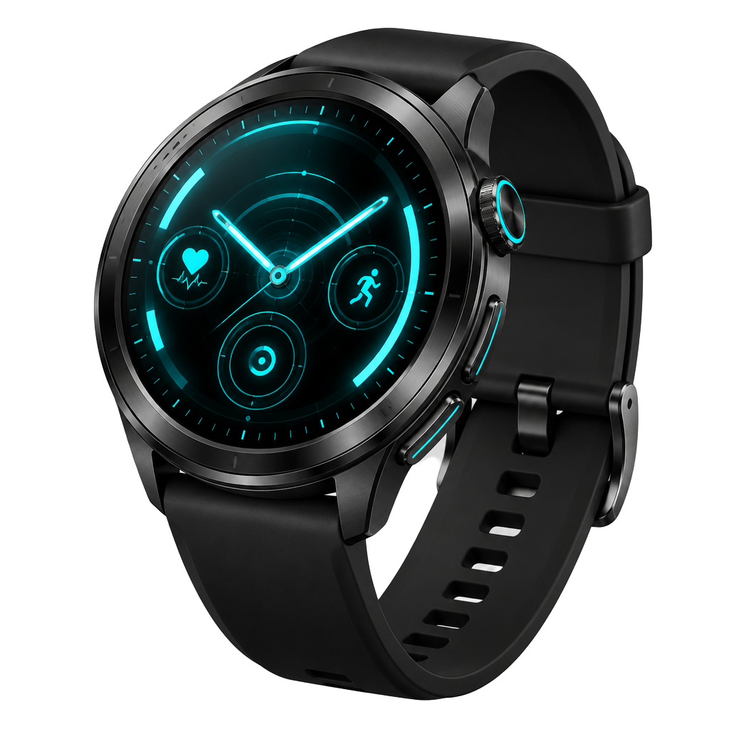 Smartwatch preto com tela azul neon